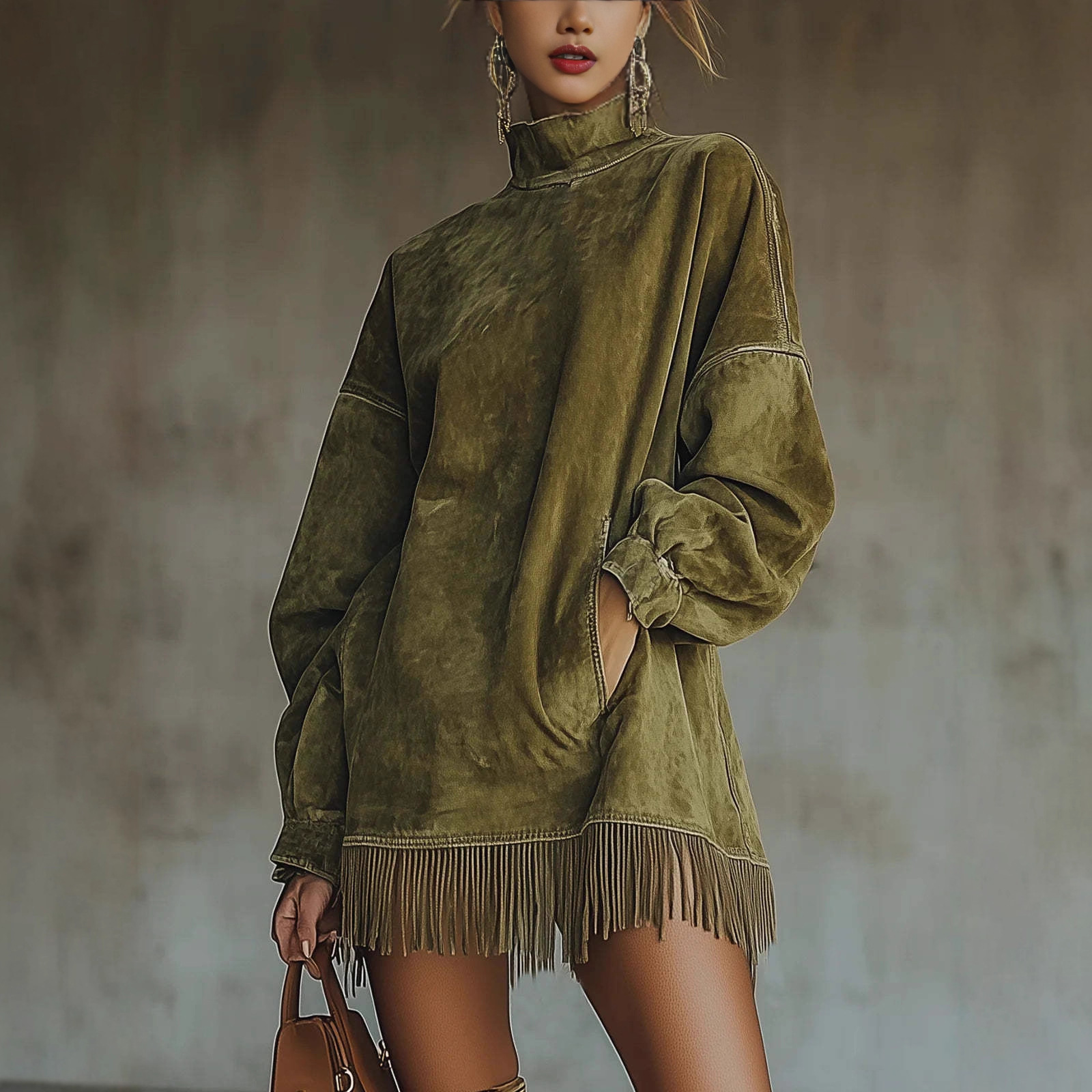 Guangzhou Street Fashion - Sukienka damska z frędzlami, długi rękaw,