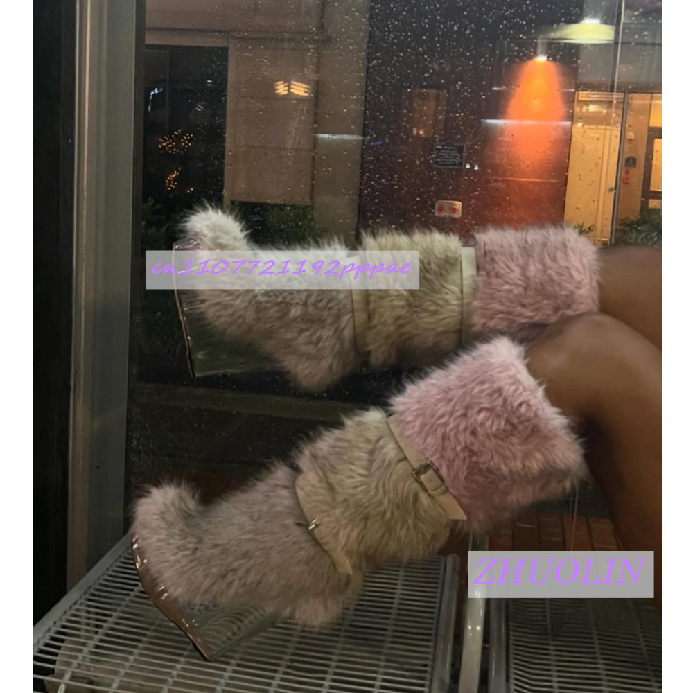 Street Fashion Trends - Zimowe Gradientowe Futrzane Przezroczyste Botki na